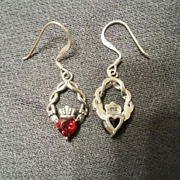 .925 Silver Claddagh Earrings with Heart Garnets - Picture 4 of 6